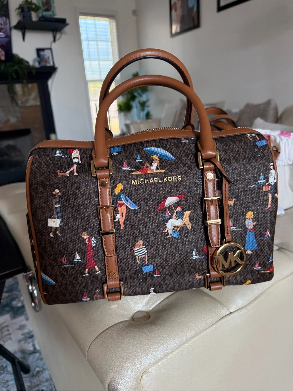 Michael Kors Brown Monogram Duffel with Beach-Print